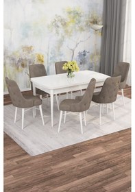 Resim Mona Beyaz 80x132 Açılabilir Mdf Masa Yemek Odası Takımı, Mutfak Takımı 6 Adet Sandalye Beyaz Masa - 6 Cappuccino - Beyaz Ayak 