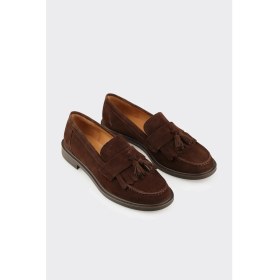 Resim Elle Kahve Deri Kadın Günlük Loafer 