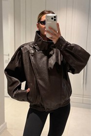 Resim MANMARK Viral Oversize Kadın Deri Ceket Yüksek Yaka Acıkahve Urban Style Kadın Deri Ceket 