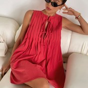 Resim Kadınlar için Şık Kırmızı Kolsuz A-Line Mini Elbise - Rahat Bağcıklı, Yuvarlak Yaka, Düz Renk, Bahar/Yaz için Mükemmel, Polyester Kumaş, 100g/m², Rahat Yaz Giyimi | Bağcıklı Elbise | Şekillendirilmiş Mini Elbise 