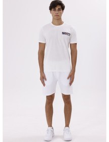 Resim Göğüs Baskı Detaylı Bisiklet Yaka Kısa Kollu Rahat Kalıp Pamuklu Spor Tişört Ecru 