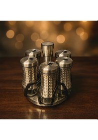 Resim Çelik 6 Lı Baharat Seti Döner Raylı Altı Cam 18x18 Cm Gümüş 
