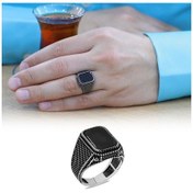 Resim Nokta Desenli Lale İşlemeli Siyah Oniks Taşlı 925 Ayar Gümüş Erkek Yüzük 