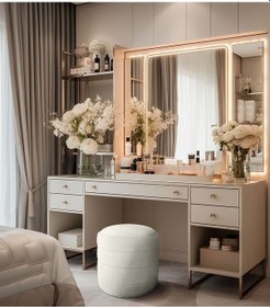 Resim Gazzini Furniture Diana Slim Line Luxury Havlu Kumaş Silindir Dekoratif Makyaj Masası Puf Beyaz 