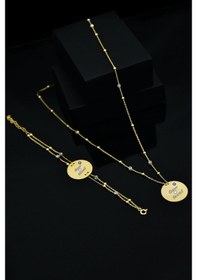 Resim Papatya Silver 925 Ayar Gümüş Altın Kaplama Firuze Nazar Mineli Plaka Kolye Bileklik Set 