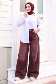 Resim Tesettür Diyarı Kadın Retro Baggy Kot Pantolon- Bordo 