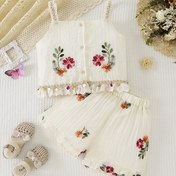 Resim Küçük Kız Mori Ağlı Askılı Dantel Etekli Şort İki Parça Set Ferahlatıcı Yaz Genç Kızlar Tatil Nakışlı Küçük Kabuklu Ağlı Kolye Askılı Set Moda (nakış sabit pozisyonda değil), Geleneksel Versiyon, Tatil Stili, Xia, Dış Mekan İçin Mükemmel 