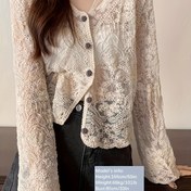 Resim Elegant Lace-Trimmed V-Neck Cardigan for Teens 14-16 - Uzun Kollu, Düğme-Up, Hafif ve Nefes Alabilen, Bahar/Yaz/Sonbahar için Mükemmel, Çok Yönlü Katman Parçası, Bahar Dış Giyim, Zarif Stil, Nonstretch Kumaş, Örgü 