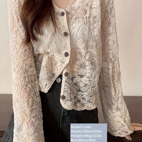 Resim Elegant Lace-Trimmed V-Neck Cardigan for Teens 14-16 - Uzun Kollu, Düğme-Up, Hafif ve Nefes Alabilen, Bahar/Yaz/Sonbahar için Mükemmel, Çok Yönlü Katman Parçası, Bahar Dış Giyim, Zarif Stil, Nonstretch Kumaş, Örgü 