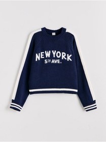 Resim LC Waikiki Bisiklet Yaka New York Desenli Kız Çocuk Triko Kazak 