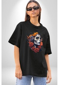 Resim Maske Dövmeli Çiçekli Kız Pamuklu Bisiklet Yaka Unisex Oversize Boyfriend Dijital Baskılı Siyah T-shirt Siyah 