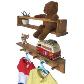 Resim RealWood Ahşap Çocuk Odası Askılık ve Montessori Kitaplık Raf 55 cm Teak Rengi 