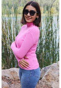 Resim İpli Pembe Renk Balıkçı Yaka Parmak Detaylı Kadın Kazak Pembe 