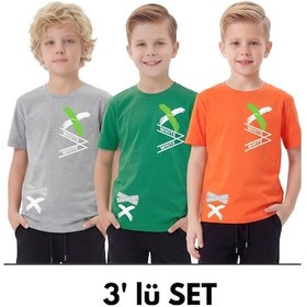 Resim Fyk Kids 3'lü White Yazı Baskılı Yuvarlak Yaka Kısa Kollu Erkek Çocuk Yazlık Tişört Gri - Turuncu 