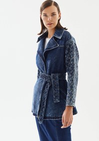 Resim Kadın Şerit Desenli Kemerli Denim Ceket - XL 
