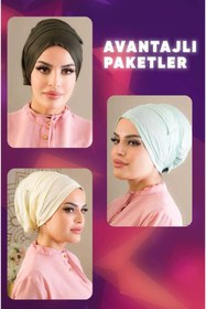 Resim Aişe tesettür 3'lü Iç Bone Set-haki-su Yeşili-krem 