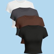Resim 4 adet Kadınlar için Rahat Düz Renk Kısa Kollu T-Shirt'ler - Yüksek Esneklik, Yuvarlak Yaka, Tüm Mevsimler için Rahat ve Şık, Çok Yönlü Katlama Temelleri | Basit Şık Üstler | Polyester Karışımı 
