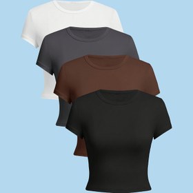 Resim 4 adet Kadınlar için Rahat Düz Renk Kısa Kollu T-Shirt'ler - Yüksek Esneklik, Yuvarlak Yaka, Tüm Mevsimler için Rahat ve Şık, Çok Yönlü Katlama Temelleri | Basit Şık Üstler | Polyester Karışımı 