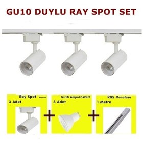 Resim Mini Ray Spot 3'lü Set Gu-10 Duylu Beyaz Kasa Sarı Işık 3 Spot Lamba + 1 Mt Ray + 3 Gün Işığı Gu10 Led Ampul 