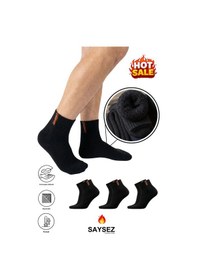 Resim Saysez 3 Çift Termal Erkek Kışlık Patik Yarım Konç Havlu Kalın Çorap Dikişsiz Siyah Renk Premium Pamuk Siyah 