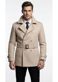 Resim Erkek Kemerli Trençkot Mont Kaşe Kumaş, Kapitone Astarlı, Çift Düğmeli Premium Tasarım Bej 