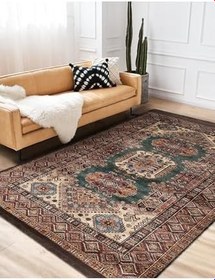 Resim RealHomes Kahverengi Zemin Pers Motifli Kilim Desenli Avangarde Vintage Oturma Odası Kaymaz Taban Saçaklı Halı HaliDik-Deluxe-11170, 150 x 300 