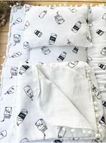 Resim Berço Milk Desenli Çift Katlı Müslin ve Waffle Kumaş Alt Açma , Yastık ve Battaniye 3’lü Set 