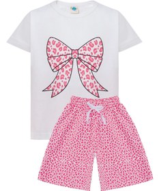 Resim Kız Çocuk Leopar Desenli Fiyonk Baskılı Şortlu Takım - Ekru-Pembe / 9-10 Yaş 