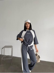 Resim Oversize Yazı Detaylı Unisex Eşofman Takımı Yüksek Bel, Dijital Baskı, Rahat Kesim Gri 