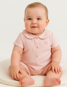 Resim Zekids Kız Bebek Bebe Yakalı Organik Pamuklu Kısa Kol Şort Tulum-15918 Pembe 