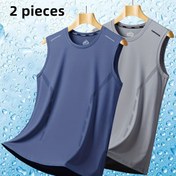 Resim 2 adet Erkek Hızlı Kuruyan Soğutma Atletleri - Plaj, Balıkçılık, Fitness, Spor ve Koşu için Hafif, Nefes Alabilen Kolsuz Yeleklar - Mavi ve Gri ile Reflektif Şerit Tasarımı, Plaj Aktivewear | Rahat Atlet | Nefes Alabilen Ağ, Yazlık Atletler 