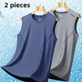 Resim 2 adet Erkek Hızlı Kuruyan Soğutma Atletleri - Plaj, Balıkçılık, Fitness, Spor ve Koşu için Hafif, Nefes Alabilen Kolsuz Yeleklar - Mavi ve Gri ile Reflektif Şerit Tasarımı, Plaj Aktivewear | Rahat Atlet | Nefes Alabilen Ağ, Yazlık Atletler 