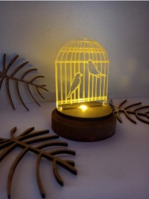 Resim Elfora Pleksi Işıklı Kafes Kuşları 3d Ahşap Taban Hediye Masa Süsü 