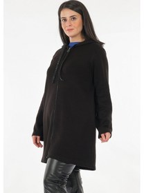 Resim Tolga Saraçoğlu Oversize Kapüşonlu Midi Kadın Ceket - Günlük & Rahat Siyah 