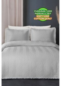 Resim Evlen Home Ollie %100 Pamuk Yatak Örtüsü Pike Takımı Çift Kişilik Ponponlu Kapitone Günlük Gri 