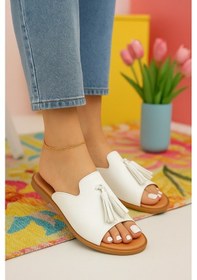 Resim Kadın Püskül Detaylı Günlük Yazlık Rahat Terlik Beyaz 