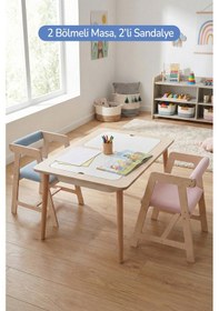 Resim Montessori Çocuk Ahşap Oyun Etkinlik Çalışma Masası, 2 Sandalye Seti Ahşap 