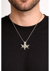 Resim Üçlü Ay Figürlü Yeşil Doğal Taşlı Unisex Kolye 60 Cm Zincir Çok renkli 