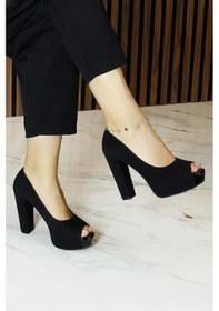 Resim Erkan Saçmacı Carolina Siyah Süet Önü Açık Yuvarlak Burun Kalın Platform Topuklu Abiye Ayakkabı Siyah 