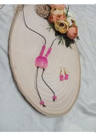 Resim Deri İpe Yapılmış Pembe Uçlu Modern Y Kolye Ve Küpe Takımı Pembe 