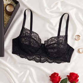 Resim Kadınlar için Şık Siyah Dantel Push-Up Sütyen - Seksi, Nefes Alabilir, Kılçık Kenarlı ve Çiçek Desenli, Rahat Naylon/Elastan Karışımı, Elde Yıkanabilir 
