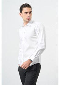 Resim Beyaz Uzun Kol Düz Bez Ayağı 032 Sert Yaka Classic Slim Fit Gömlek 1004245324 Beyaz 