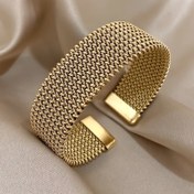 Resim 1 Adet Vintage Paslanmaz Çelik Açık Bileklik - Klasik Örgü Desenli, Su Geçirmez Unisex Ayarlanabilir Manşet Erkek ve Kadın için, Günlük Kullanım & Parti Takısı, Altın Kaplama 