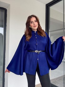 Resim Kemerli düğmeli panço-Saks mavi - STD 