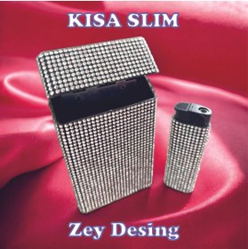 Resim Zey Desing Kalın Gümüş Taşlı Sigara Kutusu & Çakmak Seti Kısa Slim 