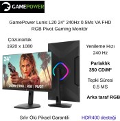 Resim Gamepower Lunis L20 24" 0.5 Ms Full Hd Pivot 240 Hz Oyuncu Monitörü 