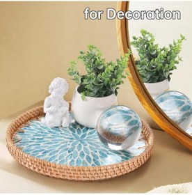 Resim Morponi 2'li El Yapımı Doğal Rattan Tepsi Sedef Desenli Yuvarlak Sunum Tepsisi Şık Servis Tepsisi 30-33 Cm Mavi Kahverengi 