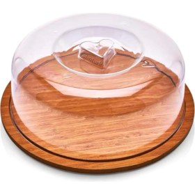 Resim Ahşap Tablalı Şeffaf Akrilik Kapak Yuvarlak Kek Fanusu 29cm Büyük Boy Hava Almaz Lüx Pasta Sunumu 