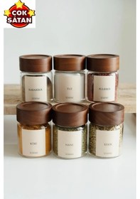 Resim 6'lı Akasya Kapaklı Cam Baharatlık Seti 240 Ml 16 Adet Etiket Hediye M70912 Ahşap 