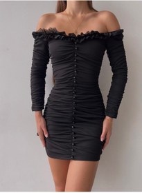 Resim Afiş Butik Siyah Kayık Yaka Önü Boydan Düğmeli Elbise 